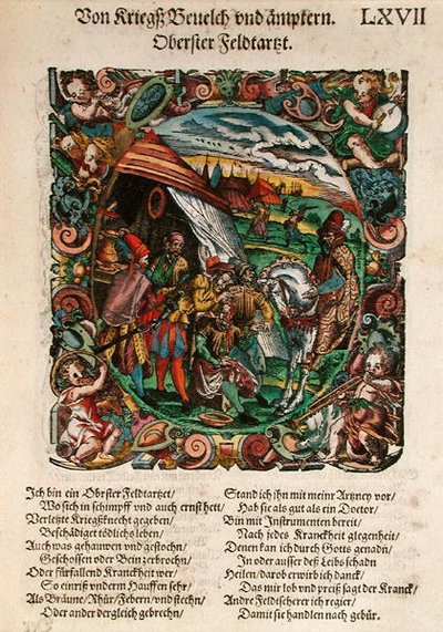 Cirurgia militar, de "Kriegsbuch dritter theil von Schantzen und Befestungen" de Leonhardt Fronsperger (c.1520-75) 1573 (xilogravura colorida) de Jost Amman