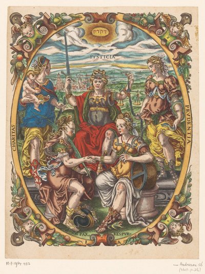 Personificaties van Justitia, Caritas, Prudentia, Pax en Republica de Jost Amman