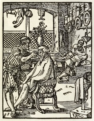 Os barbeiros de uma série retratando ocupações e ofícios publicados pela primeira vez em Das Ständebuch 1568 em Frankfurt, Alemanha de Jost Amman