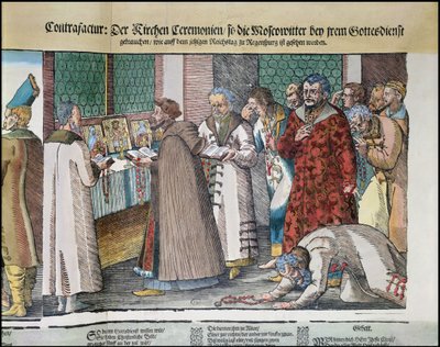 A Grande Embaixada de Ivan IV 1530-84 da Rússia ao Sacro Imperador Romano em Regensburg em 1576 detalhes em xilogravura de 173050 e 88595 de Jost Amman