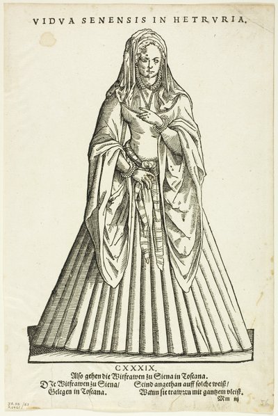 Vidua Senensis in Hetruria (Viúva de Siena na Toscana) do Trachtenbuch de H. Weigel, placa 51 de Woodcuts from Books of the XVI Century de Jost Amman