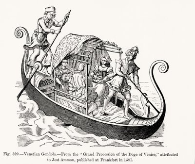 Gôndola veneziana, da Grande Procissão do Doge de Veneza, ilustração da Ciência e Literatura da Idade Média e do Renascimento, escrita e gravada por Paul Lacroix, 1878 ( de Jost (after) Amman