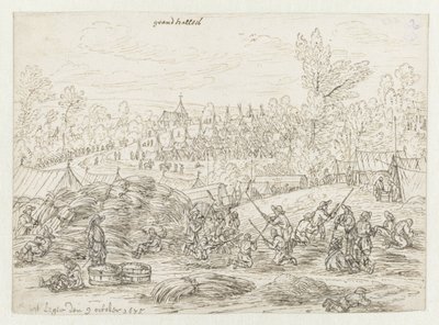 Vista de um acampamento do exército de Willem III perto de Grand-Hallet, Liège de Josua de Grave