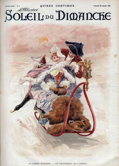 Diversão de inverno: trenó. Um elegante casal de trenós e patins de gelo desliza sobre a neve. De acordo com J. Koppay. Gravação em "Le sun-du-dimanche", 22 de janeiro de Joszi Arpad Koppay