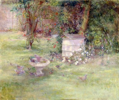 Banheira de pássaros num quintal (pintura) de Joyce Haddon