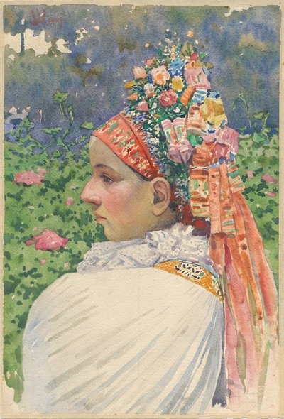 Slovak Bride par Uprka, Joza (1861-1940). Óleo sobre tela, tamanho : 54,8x37 de Joža Uprka
