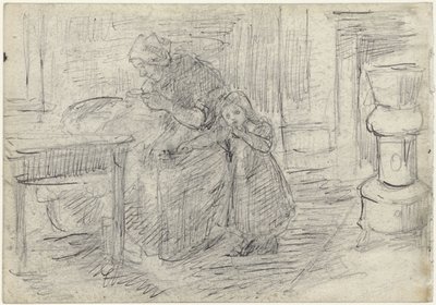 Interior com mulher a fazer trabalhos manuais e criança de Jozef Israëls