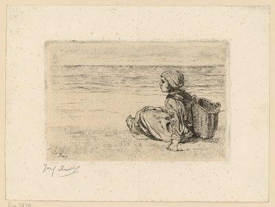 Menina com uma cesta às costas na praia de Jozef Israëls