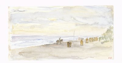 Vista de praia com cavaleiro e cadeiras de praia de Jozef Israëls