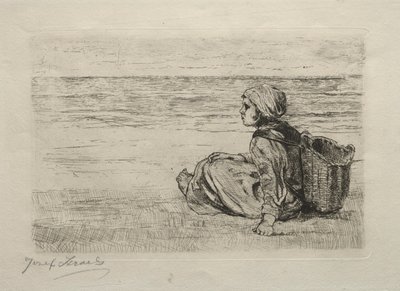 Menina com cesta sentada na praia de Jozef Israëls
