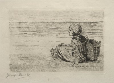 Menina com cesto sentado na beira da praia. de Jozef Israëls