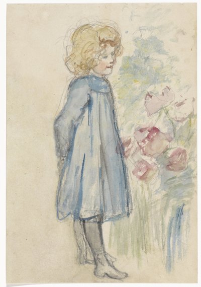 Garota de pé ao lado de um canteiro de flores de Jozef Israëls