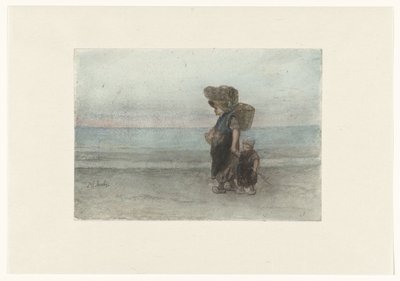 Mulher com criança, caminhando ao longo da praia de Jozef Israëls