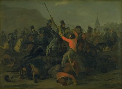 Queda do coronel Boncke Bönnichsen em 6 de dezembro de 1813 durante um duelo entre dragões da Jutlândia e cossacos de Jørgen V. Sonne