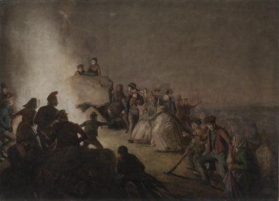 St. A noite hanseática. Camponeses, que acenderam fogueiras em um monte gigante, dançam ao redor do fogo de Jørgen V. Sonne