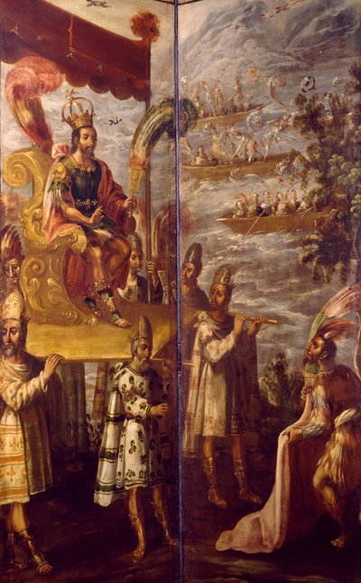 Montezuma, detalhe da reunião entre Cortes e Montezuma, ecrã atribuído a Juan Correa (1645-1716), óleo sobre tela, 250x600 cm de Juan Correa