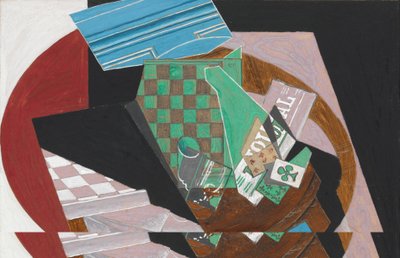 Tabuleiro de damas e baralhos, 1915 (guache, grafite e resina em papel de cor creme, montados em cartolina) de Juan Gris