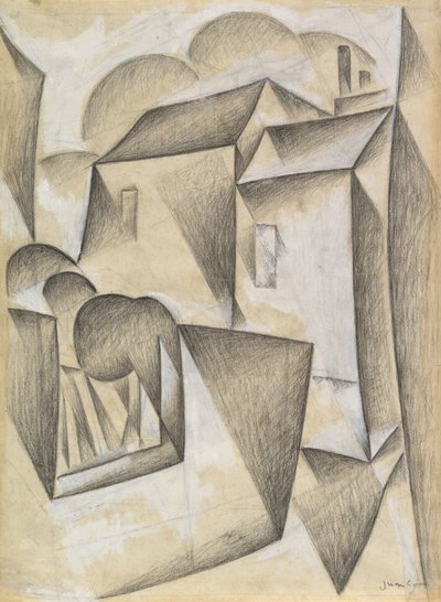 Casas em Paris, Place Ravignan, 1911 (giz preto e guache sobre papel branco) de Juan Gris