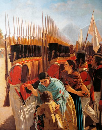 Tropas em Rancagua, detalhe da pintura de Juan Manuel Blanes com o General San Martín, Argentina de Juan Manuel Blanes