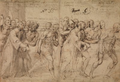 Estudo para Santo Estêvão sendo levado ao seu martírio, 1566 (caneta e tinta marrom, lavagem cinza e (depois) Traços de giz vermelho sobre papel) (reto) de Juan de Juanes Juan de Juanes