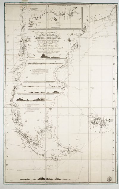 Mapa do Chile, da Patagónia, da Terra do Fogo e das Ilhas Falkland, c.1798 (gravura) de Juan de Langara