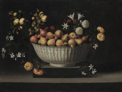 Flores e frutas em uma tigela de porcelana, c. 1645. de Juan de Zurbaran