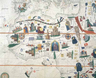 Detalhe da África e Bacia Mediterrânica, por Juan de la Cosa, carta náutica de Juan de la Cosa