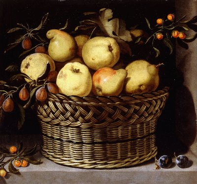 Uma cesta de vime com frutas em uma borda de pedra, de Juan van der Hamen y Leon