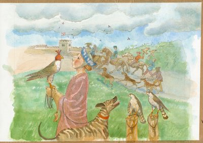 Uma cena de caça medieval (aguarela sobre papel) de Judith Dobie