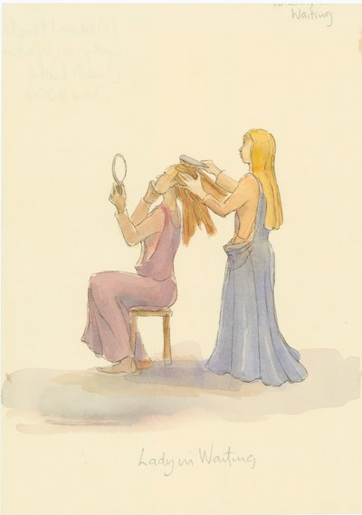 Uma senhora medieval em espera, escovando o cabelo de uma senhora, 2004. de Judith Dobie