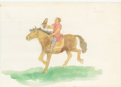Um homem medieval, mostrado montando um cavalo com uma ave de rapina no braço, 2004. de Judith Dobie