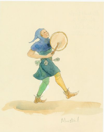 Um menestrel medieval tocando um instrumento de percussão, possivelmente um tabor, 2004. de Judith Dobie