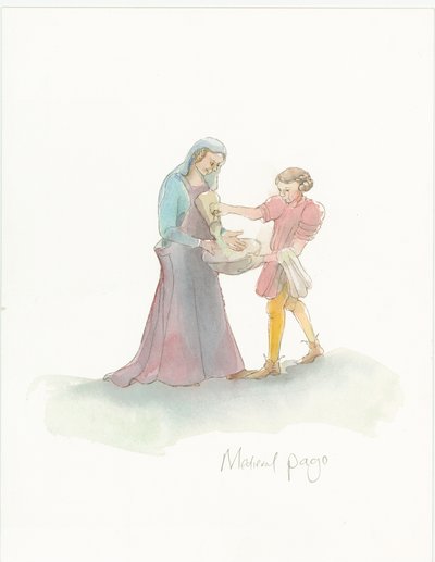 Uma página medieval ajudando uma senhora a lavar as mãos, 2004. de Judith Dobie