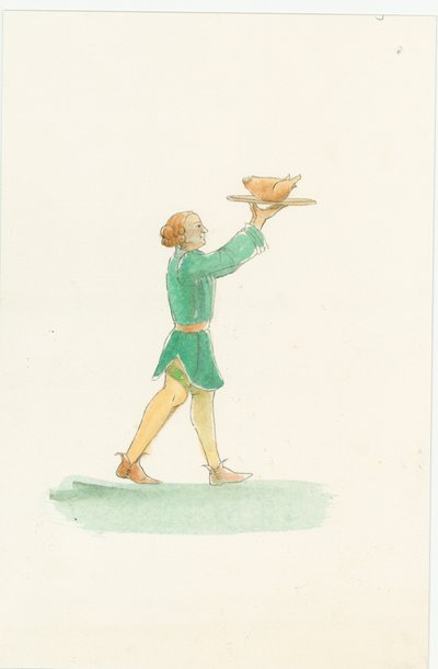 Um garçom medieval, carregando um prato de comida, 2004. de Judith Dobie