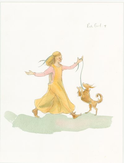 Uma mulher medieval brincando com um cachorro, 2004. de Judith Dobie