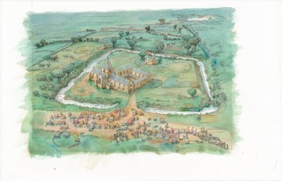 Uma pintura de reconstrução que mostra uma vista oblíqua do Priorado de Latton, tal como poderá ter aparecido no final do século XII de Judith Dobie