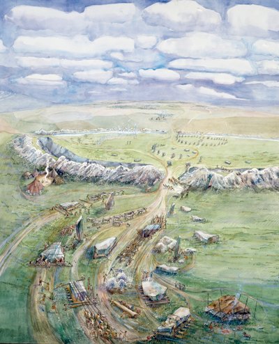 Avebury Henge em construção (aguarela sobre papel) de Judith Dobie