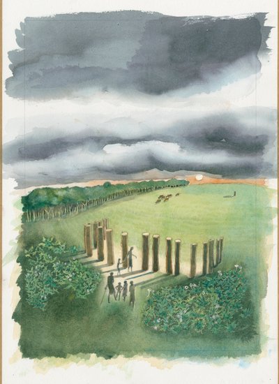 Reconstrução neolítica de Raunds (aguarela sobre papel) de Judith Dobie