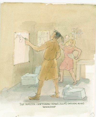 O mestre artesão desenha desenhos para o piso de mosaico de Julia, 2003. de Judith Dobie
