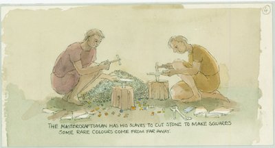 Dois personagens cortando pedra para fazer pequenos quadrados para o mosaicista, 2003. de Judith Dobie