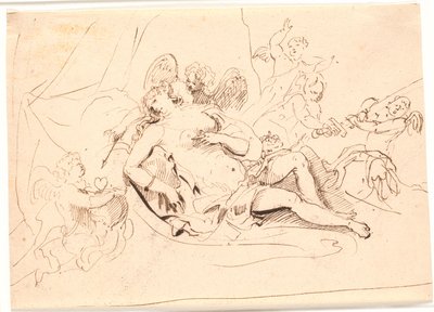 Figura reclinada de Vênus, cercada por seis putti brincando com espada, flecha e coração de Jürgen Ovens