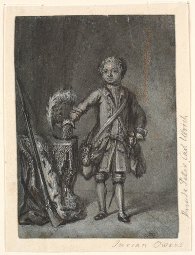 Retrato de menino ereto em artes de caça; televisão. mesa com chapéu de caça e espingarda de cano longo. Príncipe Peter Carl Ulrich? de Jürgen Ovens