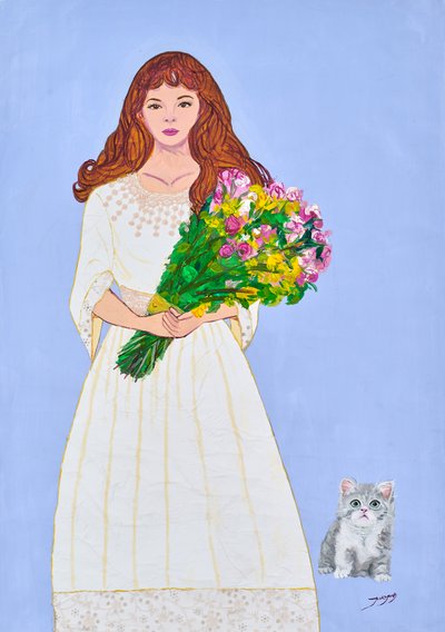 Rapariga com flores e gatinho de Jukyong Park