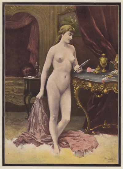 Mulher com um espelho (cor litho) de Jules (after) Scalbert