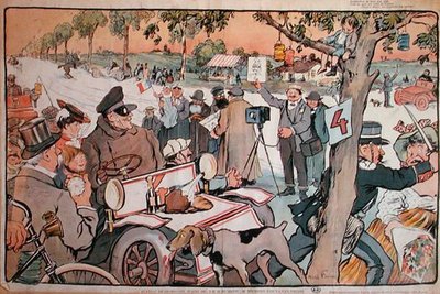 Caricatura de M. Fournier partindo no rally Paris-Berlim de Jules Abel Faivre
