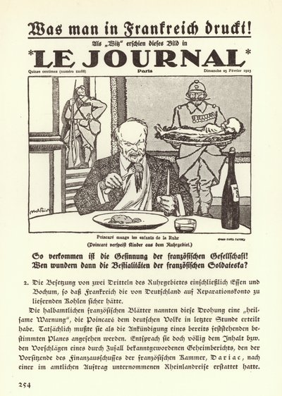 Propaganda alemã na primeira página de um jornal francês com um desenho animado mostrando o Primeiro Ministro Raymond Poincare comendo as crianças do Ruhr durante a ocupação francesa da região de Jules Abel Faivre