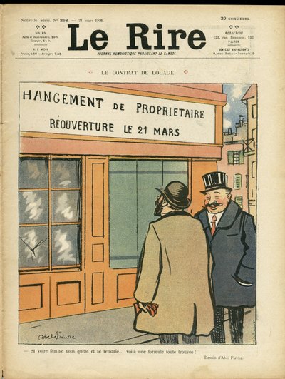 Ilustração de Abel Faivre (1867-1945) para a capa do Le Rire, 21/03/08 - O contrato de aluguer - Arquitectura Urbanística, Casamento, Adultério, Lojas de Jules Abel Faivre
