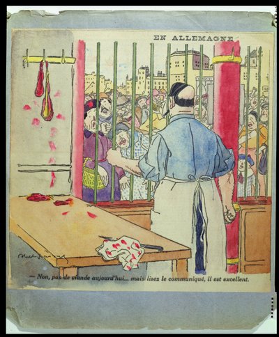 &39;Não, não há carne hoje ... mas leia o comunicado, é excelente&39;, caricatura da fome na Alemanha, c.1917 de Jules Abel Faivre