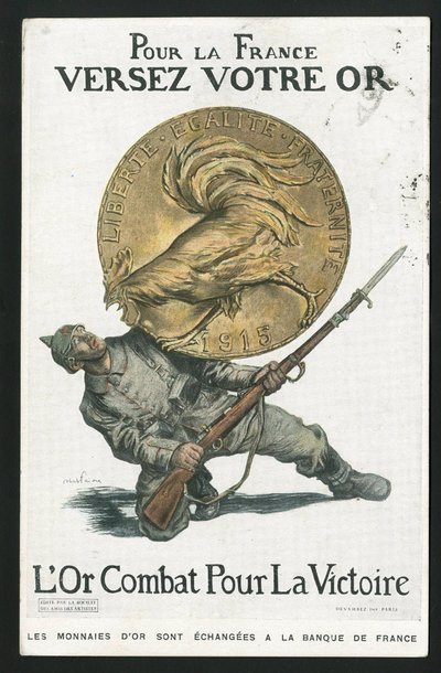 Cartão Postal, Satirique en Colours, por volta de 1915: Para a França, Despeje seu ouro - Guerra de 14-18, Alemanha Prússia, Prata, Belligerantes e símbolos, Vitória, Empréstimo, Journees patriótico - Galo - Ilustração de Abel Faivre (1867-1945) de Jules Abel Faivre
