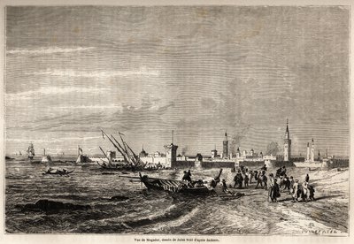 Vista de Essaouira (antiga Mogador), desenho de Jules Noel (1810-1881), para ilustrar a viagem de F. Schickler a Marrocos em 1860. Gravura em "Le tour du monde, nouveau journal des voyages" Paris de Jules Achille Noel